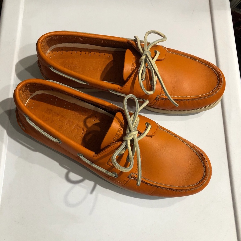 Sperry Orange Leather Boat Shoes with Cream Laces
